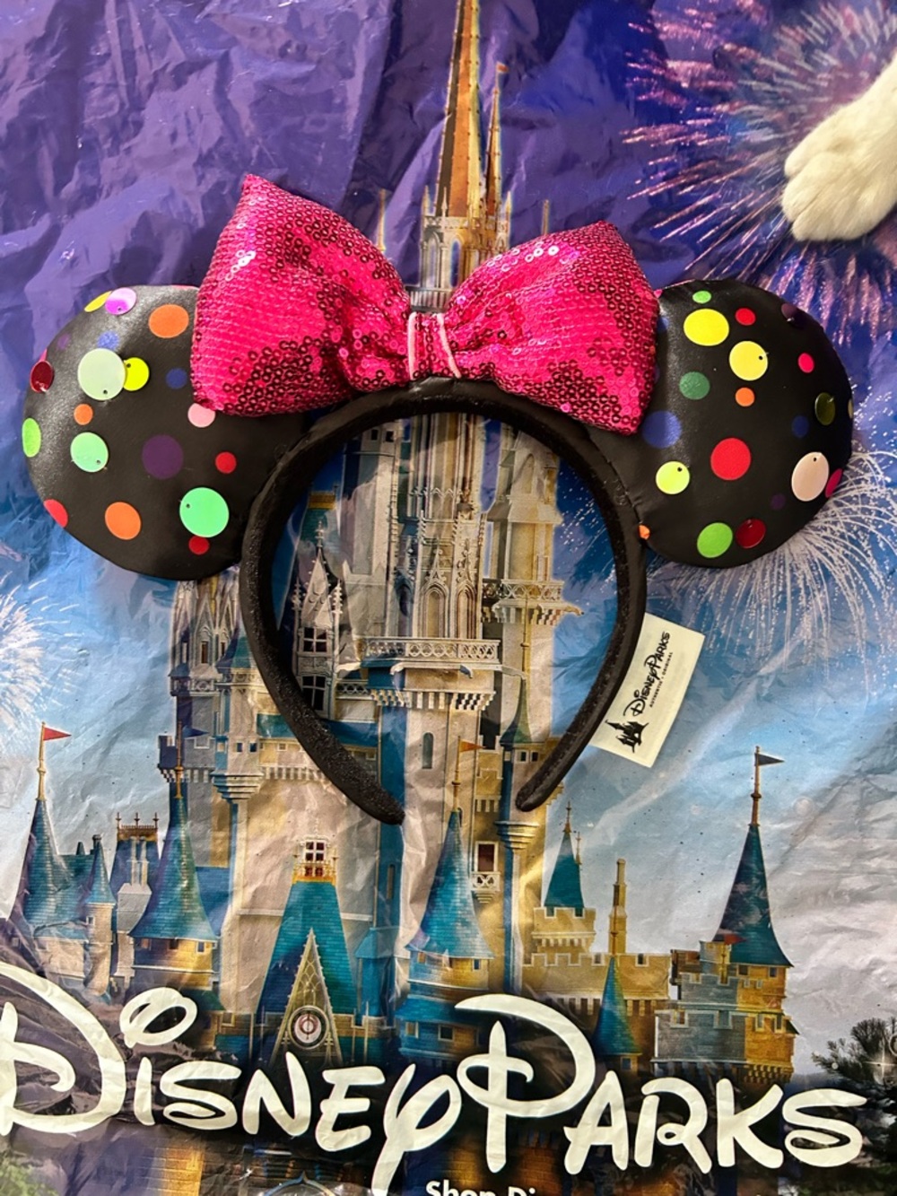 Disney Parks Minnie Ears Headband with Pink Sequin Bow and Multicolor Polka Dots
